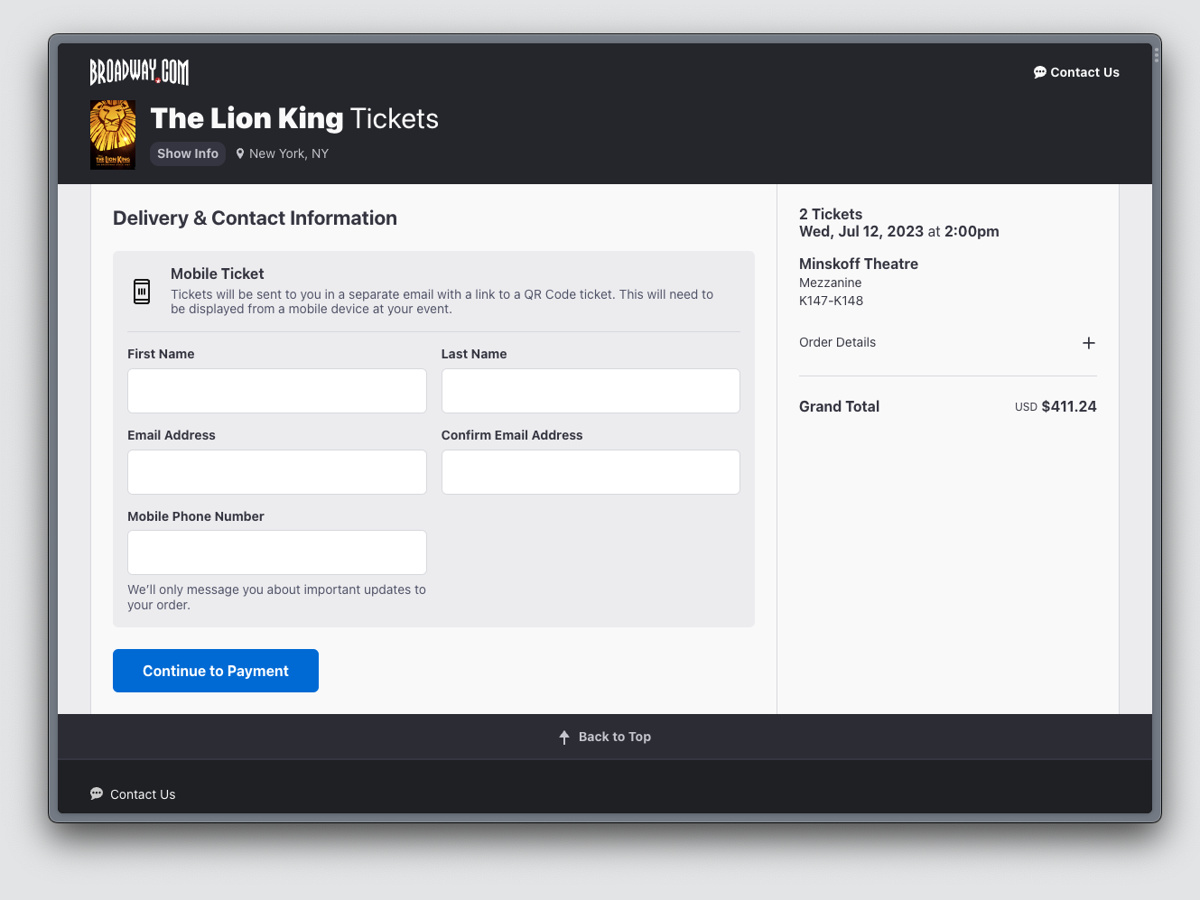 Screenshot of Delivery & Contact screen on Broadway.com
