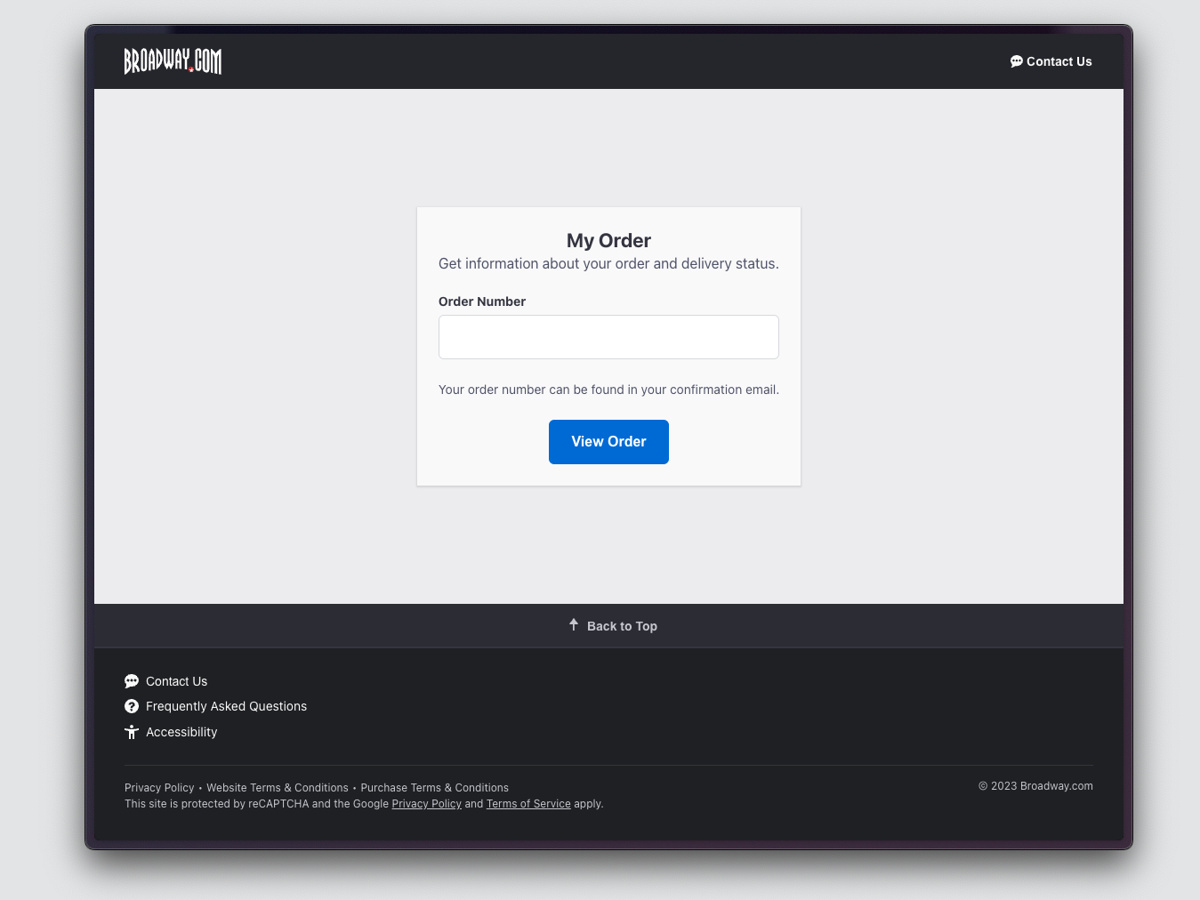 Screenshot of Manage My Order on Broadway.com